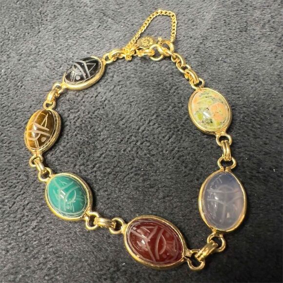 12K GF Scarab Beetle Bracelet Six (6) Gemstones Egyptian Hieroglyphs by Winard main image 2